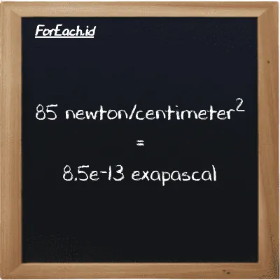 85 newton/centimeter<sup>2</sup> is equivalent to 8.5e-13 exapascal (85 N/cm<sup>2</sup> is equivalent to 8.5e-13 EPa)